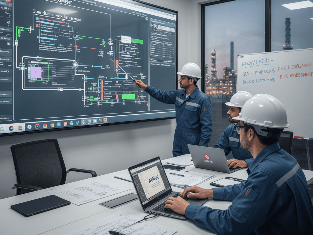 Engineers reviewing industrial process design on a digital display