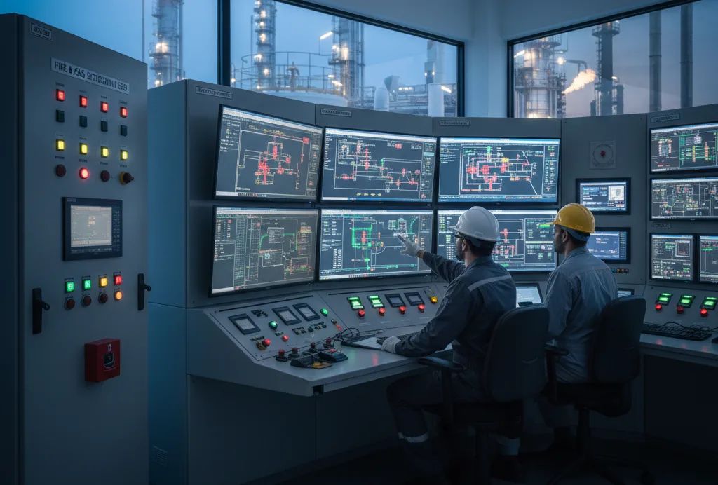 Engineers monitoring industrial control systems from a plant control room