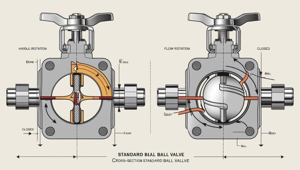 cutaway diagram of an industrial ball valve mechanism used in oil and gas piping