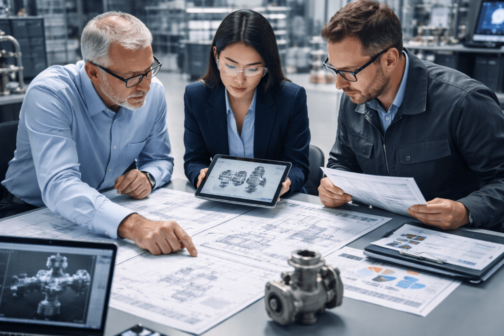 df693c_0fc6177ca3ae4dd995cd79acff7cef41~mv2 industrial equipment procurement specialist reviewing sourcing documents on plant floor