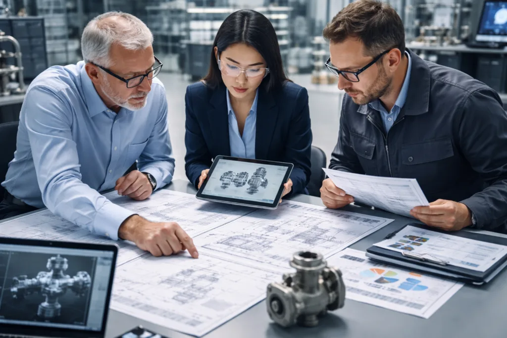 df693c_0fc6177ca3ae4dd995cd79acff7cef41~mv2 industrial equipment procurement specialist reviewing sourcing documents on plant floor