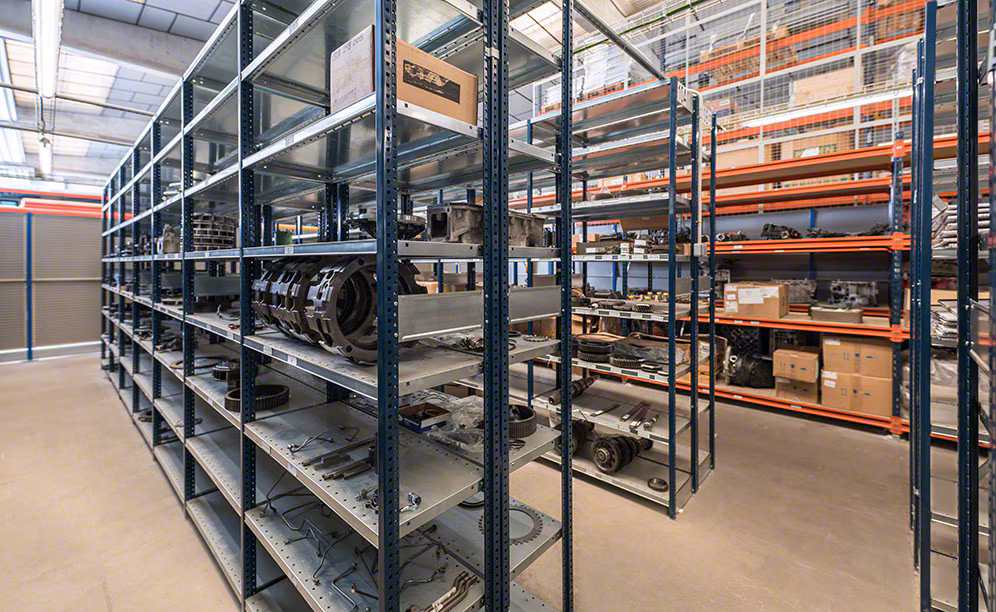 similar-spare-parts-storage-same-area.1.0 Close-up of precision-machined OEM spare parts on an industrial production line