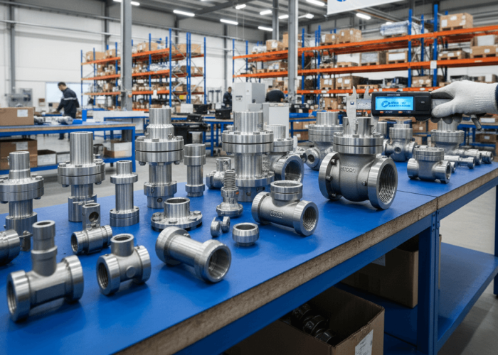 Industrial valves and pipe fittings on a workshop table